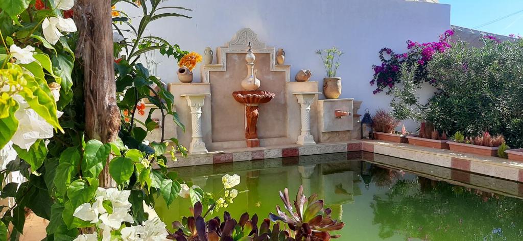a pond in a garden with a fountain and flowers at Djerbahouch in Midoun