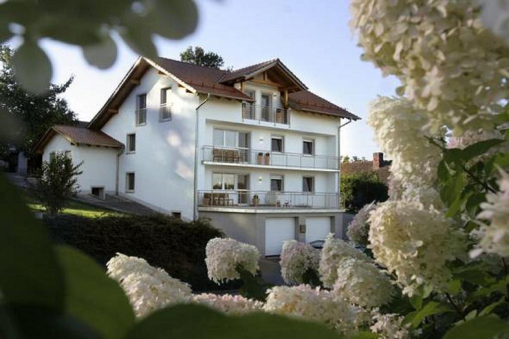 een wit huis met bloemen ervoor bij Ferienwohnungen Anna Altmann in Furth im Wald