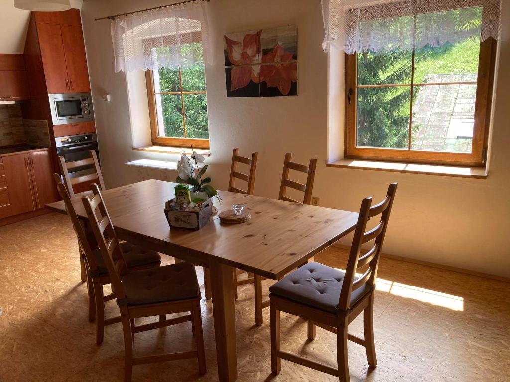 - une table à manger et des chaises dans la cuisine dans l'établissement Apartmá Doubek, à Rokytnice nad Jizerou
