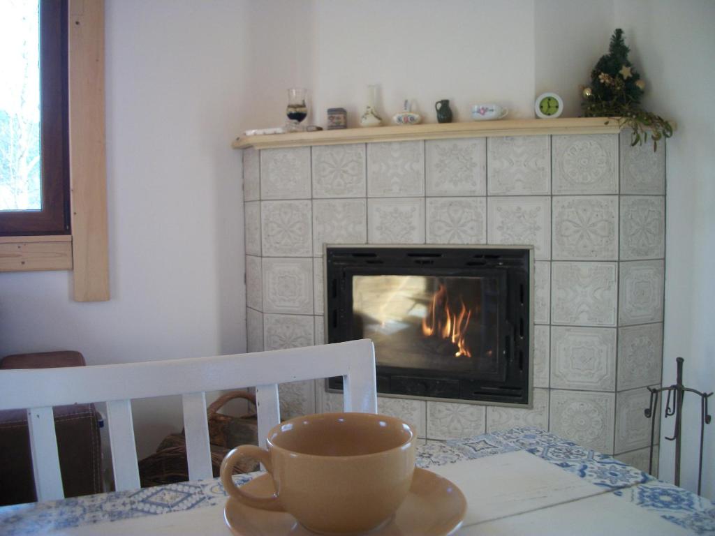 a coffee cup sitting on a table with a fireplace at Domek Stokrotka in Krynica Zdrój