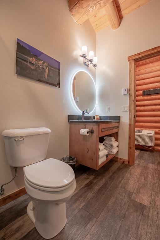 a bathroom with a toilet and a mirror at Cowboy Village Resort in Jackson