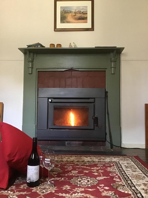 a fireplace with a fire place and a bottle of wine at Rosedale Cottages in Taranna
