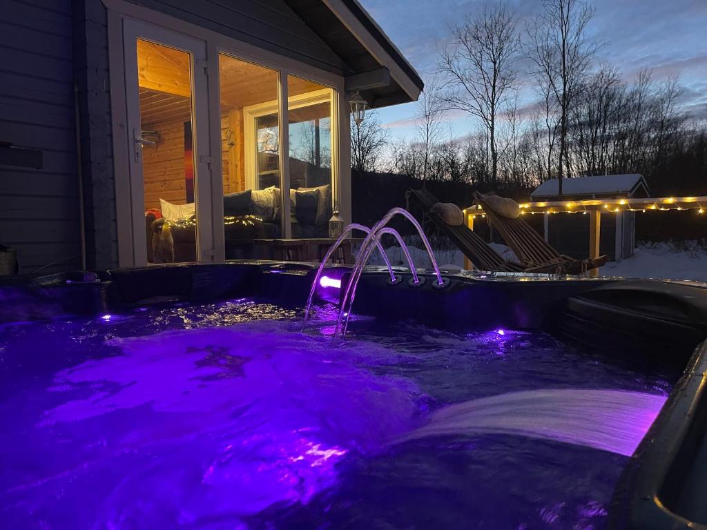 un bain à remous avec éclairage violet en face d'une maison dans l'établissement Aurora mökki porealtaalla Lapissa Tenojoen rannassa, à Nuorgam
