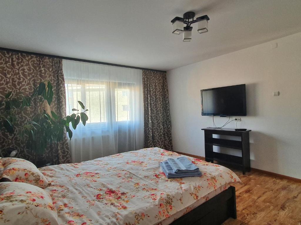 - une chambre avec un lit et une télévision à écran plat dans l'établissement Casa Bianca, à Câmpulung Moldovenesc