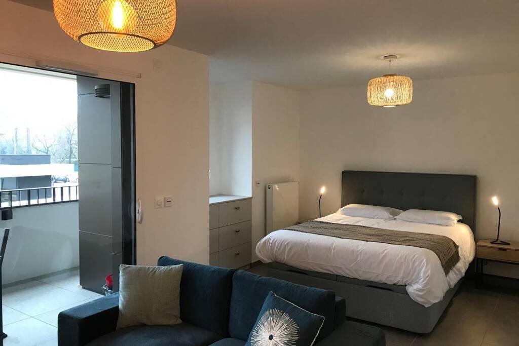 une chambre avec un lit et un canapé dans l'établissement L'ECHAPPEE BELLE - Charme, Parking & Proche Lac, à Annecy