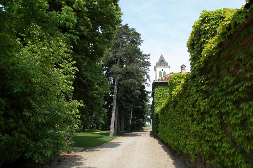 a dirt road through a hedge with a building in the background at Tenuta La Fiscala in Alessandria