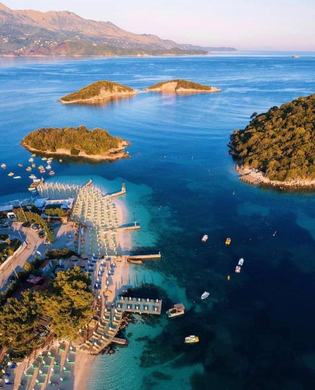 an aerial view of a harbor with boats in the water at Villa Hamza Ksamil in Ksamil