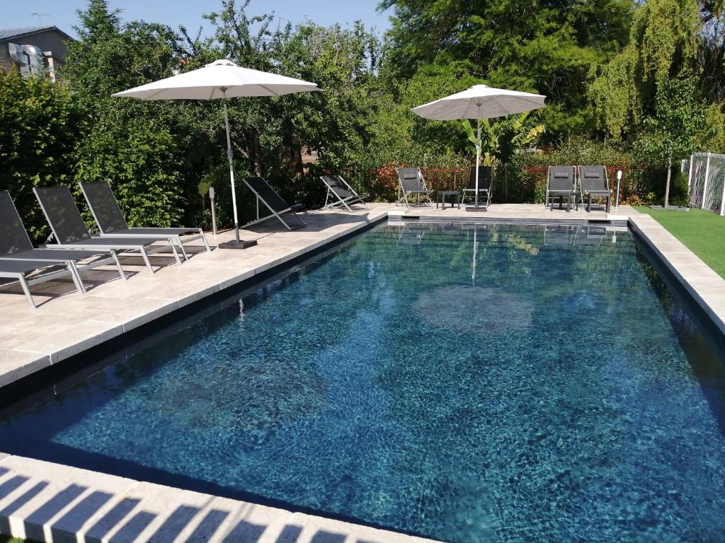 a swimming pool with chairs and umbrellas at Hotel La Diligence in La Ferté-Saint-Cyr