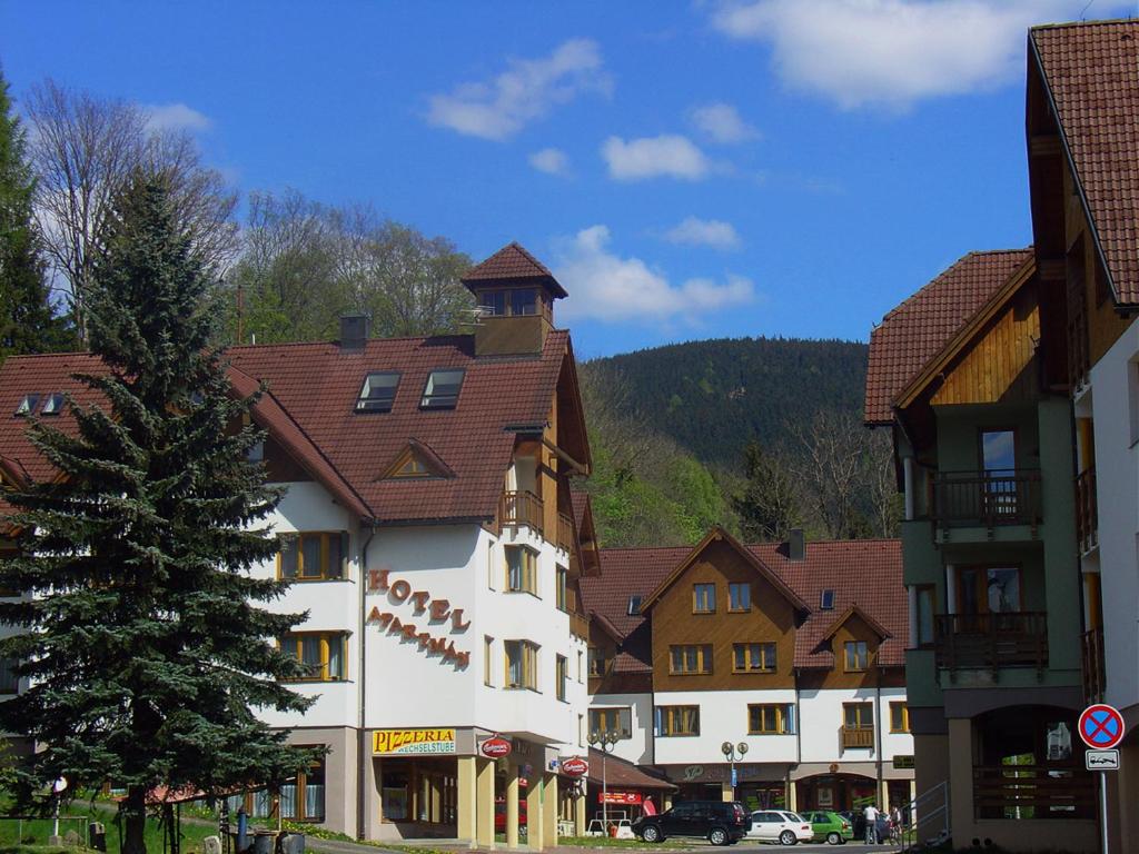 eine Gruppe von Gebäuden in einer Stadt mit einem Baum in der Unterkunft Apartmány Rokytnice in Rokytnice nad Jizerou