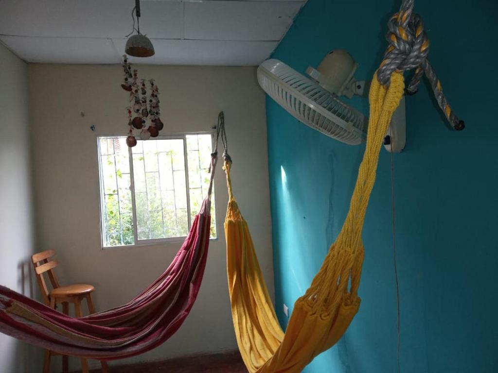 twee hangmatten hangend aan een muur in een kamer bij AquaMarina Hostal in Tolú