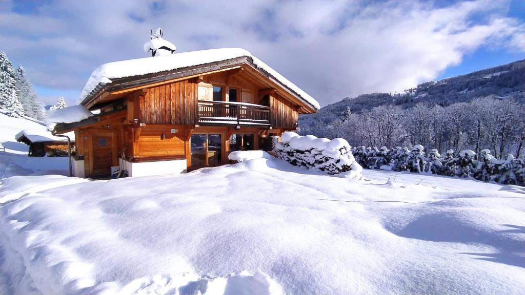 a log cabin covered in snow in the mountains at Appartement des Crêtets in Megève