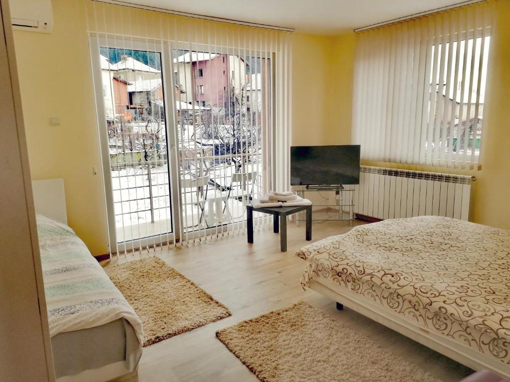 sypialnia z 2 łóżkami, telewizorem i dużym oknem w obiekcie Apartment Daiv w mieście Saparewa Banja
