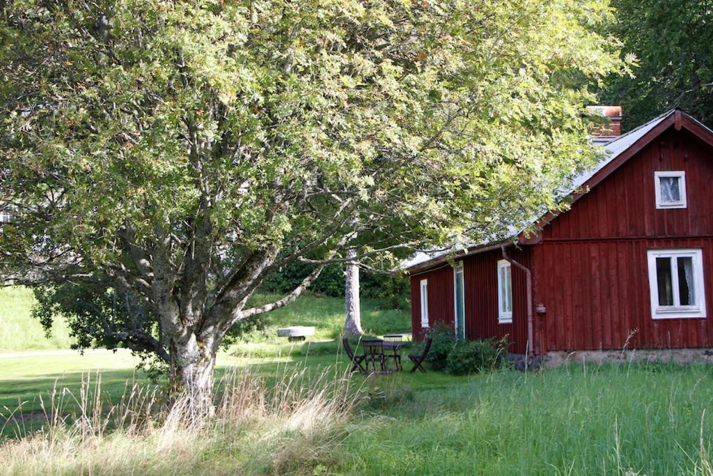 a red barn with a picnic table next to a tree at Lilla Halängen cottages in Dalskog