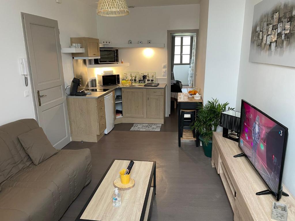 sala de estar con sofá y TV y cocina en logement entier 33 m2 à Pau, en Pau