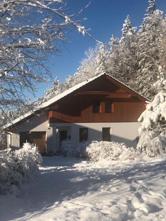 a cabin in the snow with snow covered trees at Villapark apartments 201, Lipno in Lipno nad Vltavou