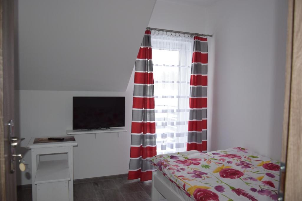una camera con un letto e una finestra con televisore di Noclegi u Eweliny a Krajno Pierwsze