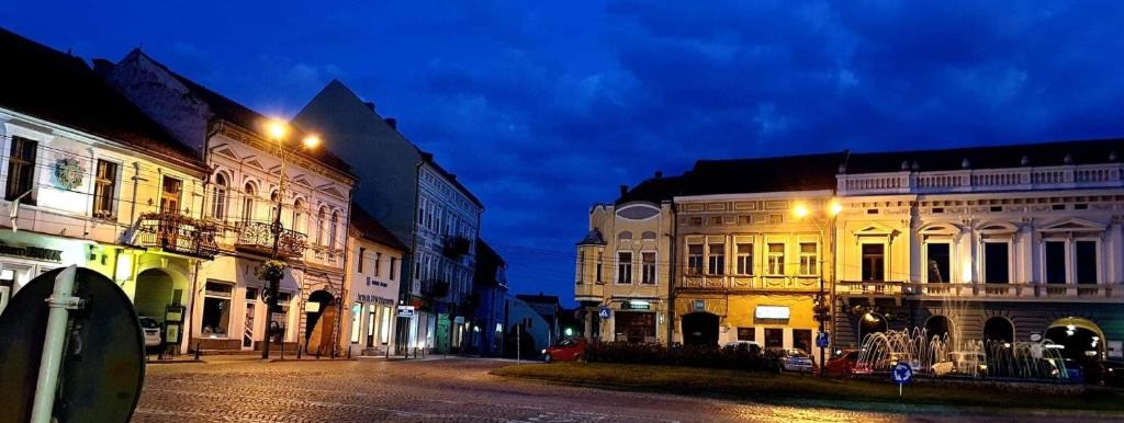 una calle de ciudad vacía por la noche con edificios en Sissy Vendégház, en Tîrgu Secuiesc