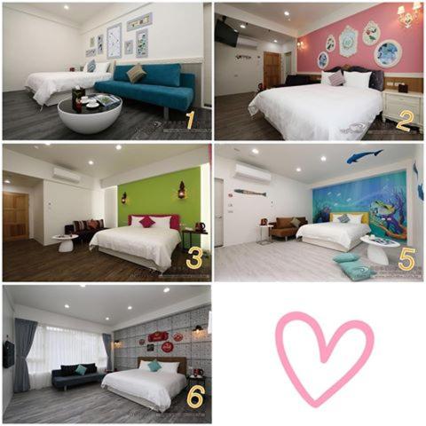 a collage of four pictures of a hotel room at Smile Traveler 步行可達羅東夜市 預定須先匯款 in Luodong