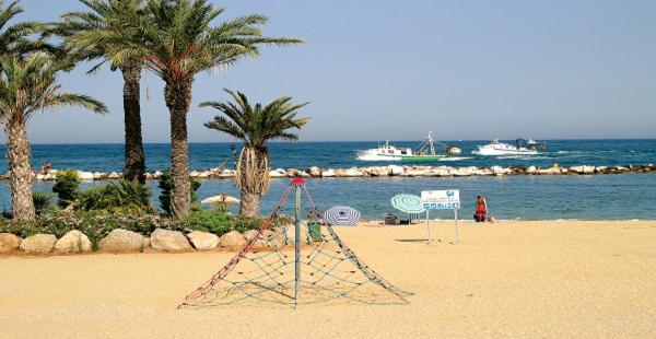 una playa con palmeras y el océano con barcos en Calle Mirador de La Marina 2, en Mojácar