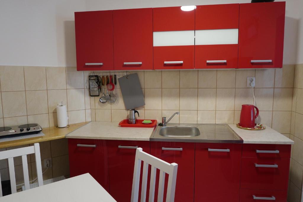 Kuchyň nebo kuchyňský kout v ubytování Éva Apartman