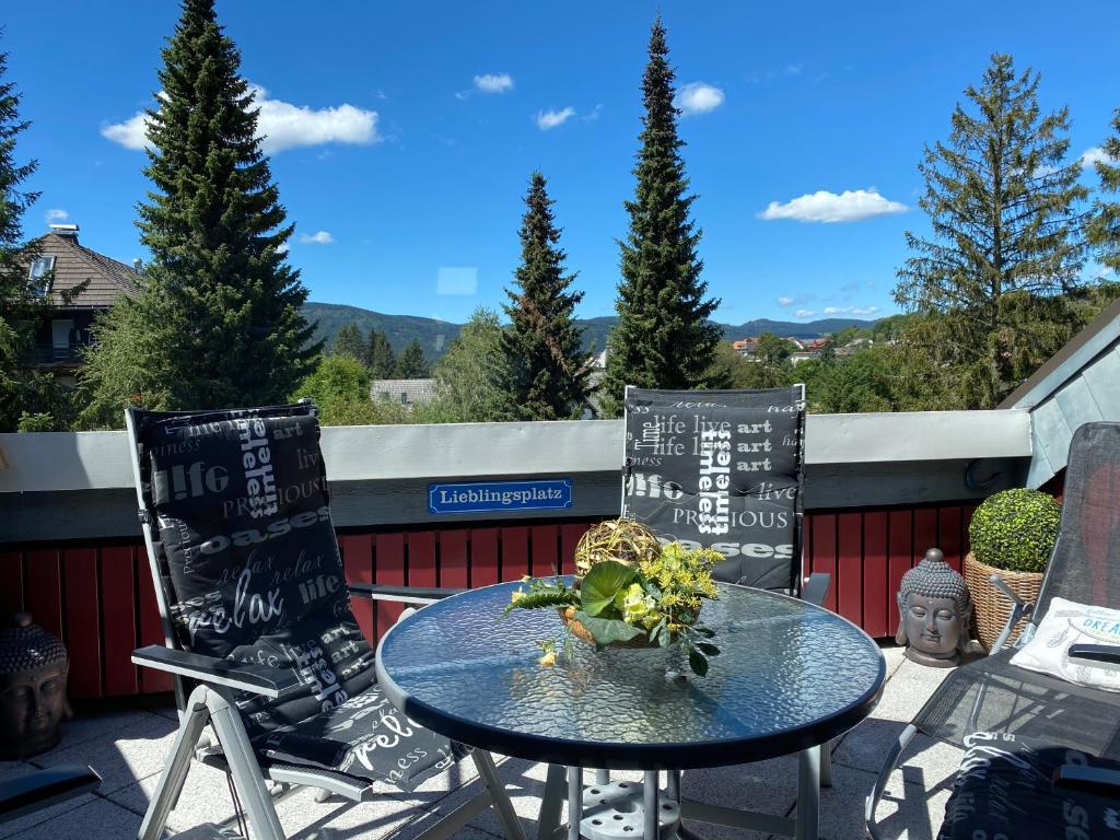 2 Stühle und ein Glastisch auf einer Terrasse in der Unterkunft Auszeit Schluchsee - Fewo Tanja - Oase der Stille - in Schluchsee