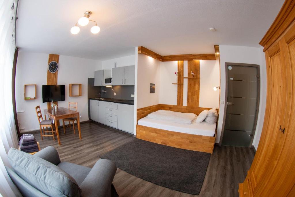 ein Wohnzimmer mit einem Bett und eine Küche in der Unterkunft LuPartment in Ludwigshafen am Rhein