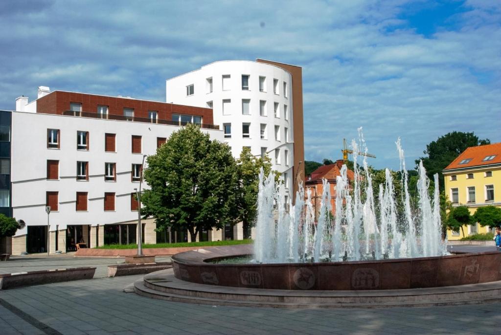 a fountain in the middle of a city with buildings at Apartman Amor in Tuzla