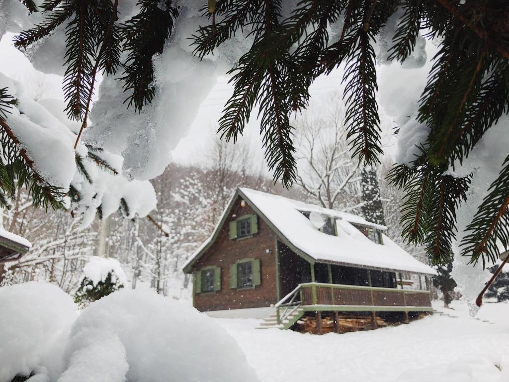 a house covered in snow in front at Karak Chalet in Izvoare
