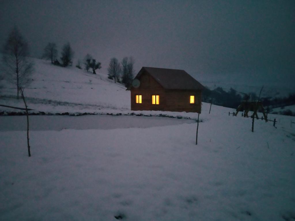 Bukovets的住宿－Верховинський котедж 2，小屋在晚上有雪灯