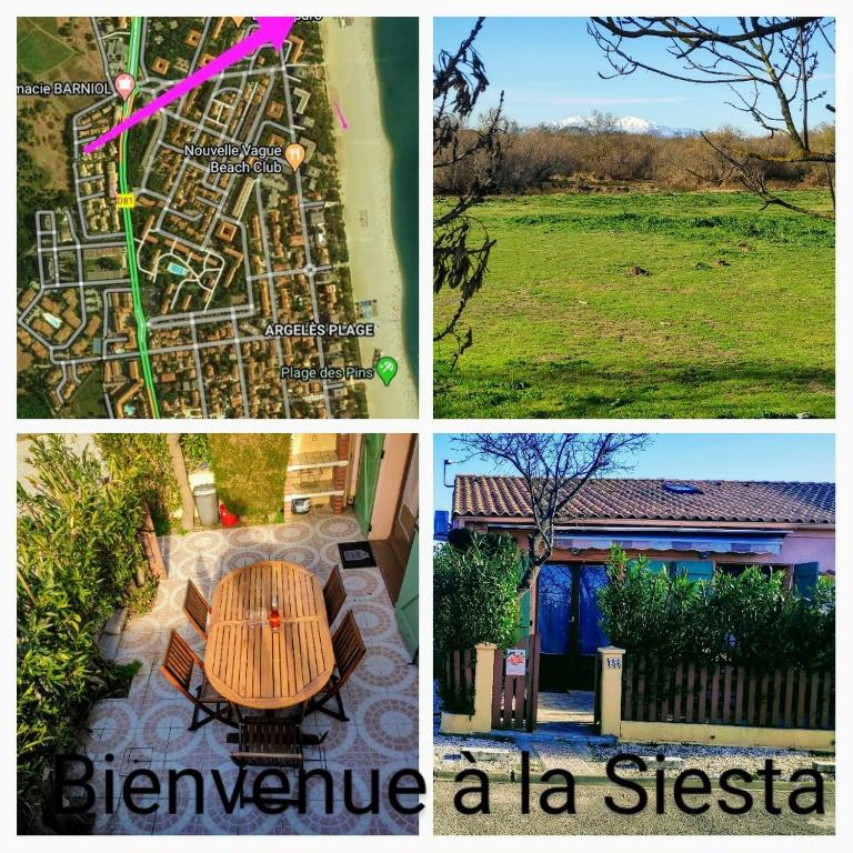 un collage de quatre photos avec une table et un bâtiment dans l'établissement La siesta, à Argelès-sur-Mer