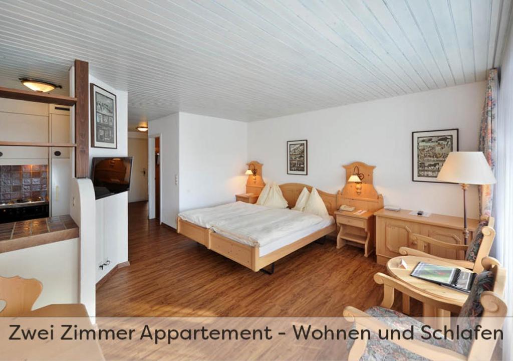 ein Schlafzimmer mit einem Bett und einem Schreibtisch sowie ein Zimmer in der Unterkunft Aparthotel Eiger *** - Grindelwald in Grindelwald