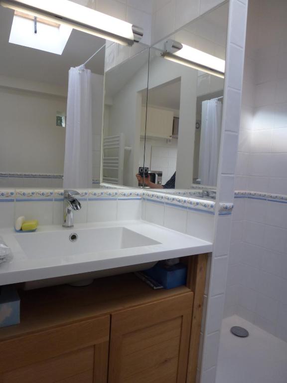 a bathroom with a sink and a large mirror at Cottage Blagnac in Beauzelle