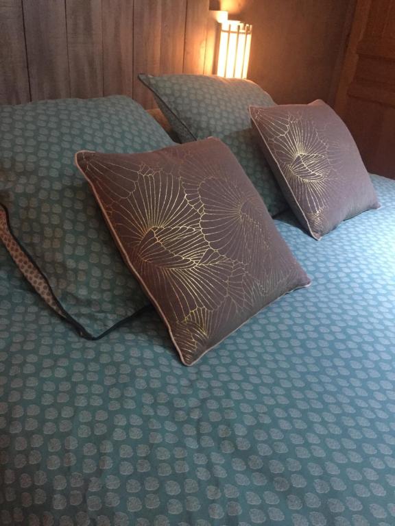 łóżko z dwoma poduszkami na górze w obiekcie chambre d’hôtes des oliviers w mieście La Roque-sur-Cèze