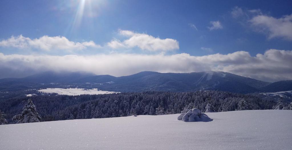 a snow covered hill with a view of a mountain at Planinarski dom "Tornik" Zlatibor in Ribnica