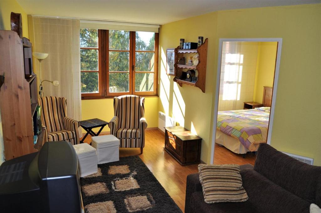 uma sala de estar com uma cama, um sofá e cadeiras em Apartamento con piscina en Enveitg em Enveitg