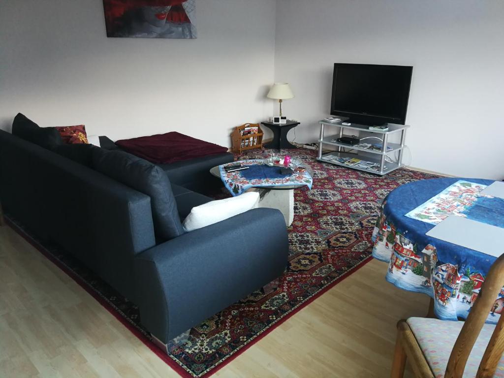 a living room with a couch and a tv at Taunusblick-Meißner in Schmitten