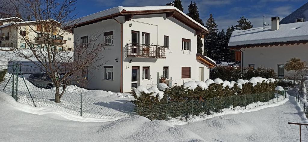 a white house with snow covered bushes in front of it at Villa Anna in Domegge di Cadore
