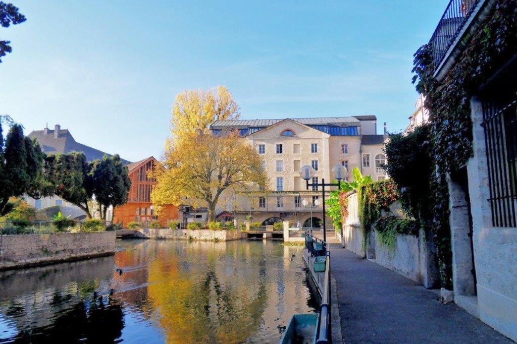 a view of a river in a city with buildings at Le grand moulin des tanneurs B&B et Love Room in Dole