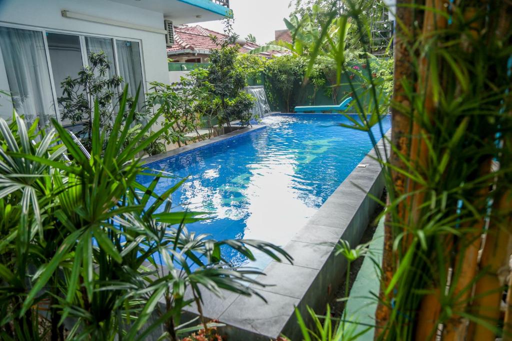 una piscina en un patio con plantas en Nebula Residence, en Negombo