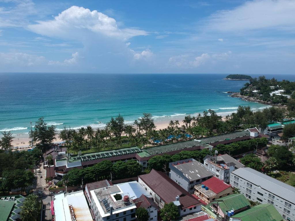 an aerial view of a beach and the ocean at The Mantra Hotel Kata Noi in Kata Beach