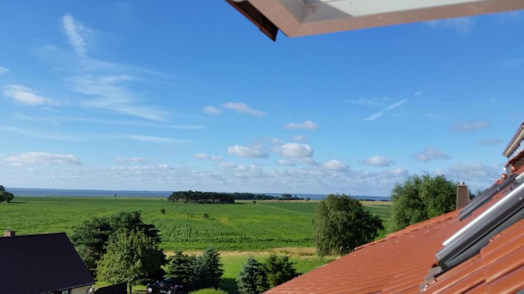 a view of a green field from a house at Der Landhof Wildrose in Stolpe