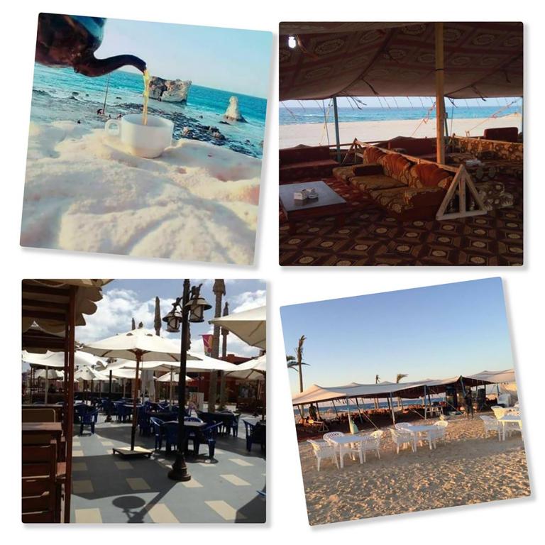 a collage of four pictures of a beach with umbrellas at شاليهات بورتو مطروح فيو بحر Porto Matrouh Sea View Families Only in Marsa Matruh