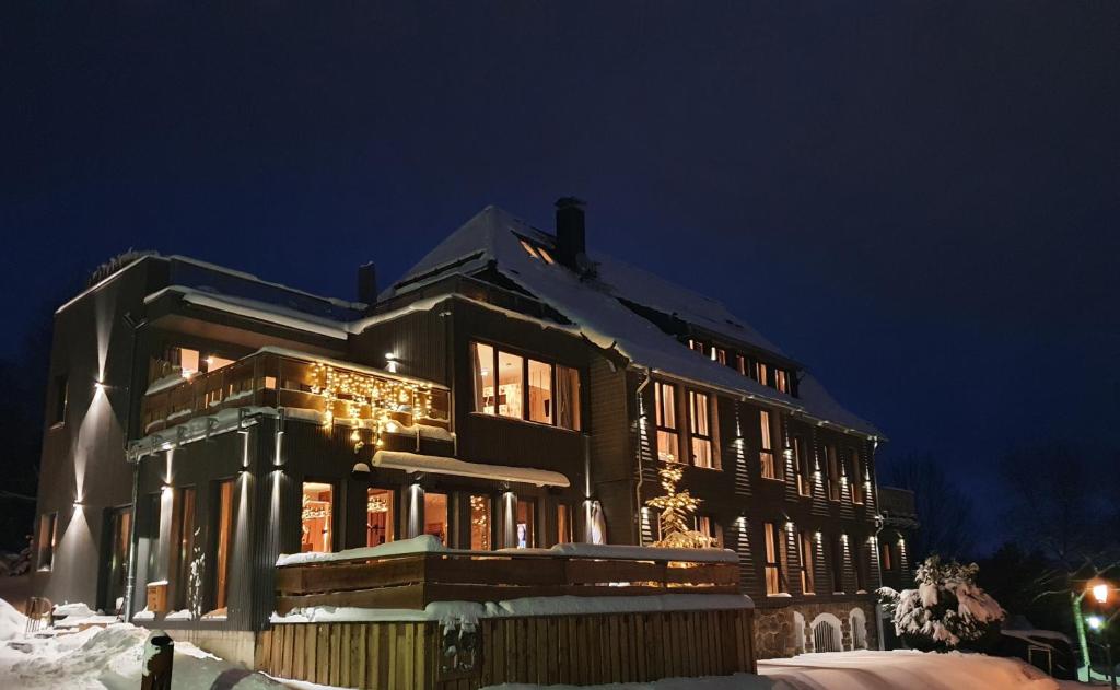 una casa grande en la nieve por la noche en WLodgeOne en Braunlage