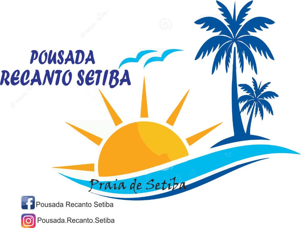 logotipo de un complejo con tabla de surf y palmera en Pousada Recanto Setiba, en Guarapari