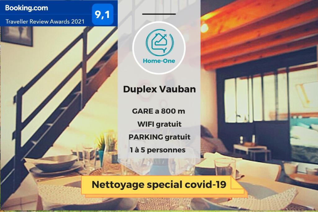 een flyer voor een duplex vaganza met een tafel in een kamer bij Duplex Vauban - Home-one in Dannemarie-sur-Crête