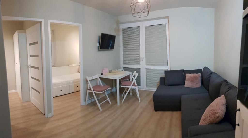 ein Wohnzimmer mit einem Sofa und einem Tisch in der Unterkunft Apartament Verona in Lublin