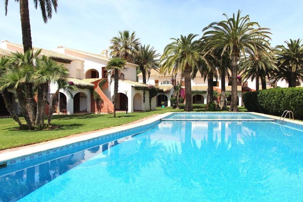 una piscina frente a una casa con palmeras en Cabañas 45, en Denia