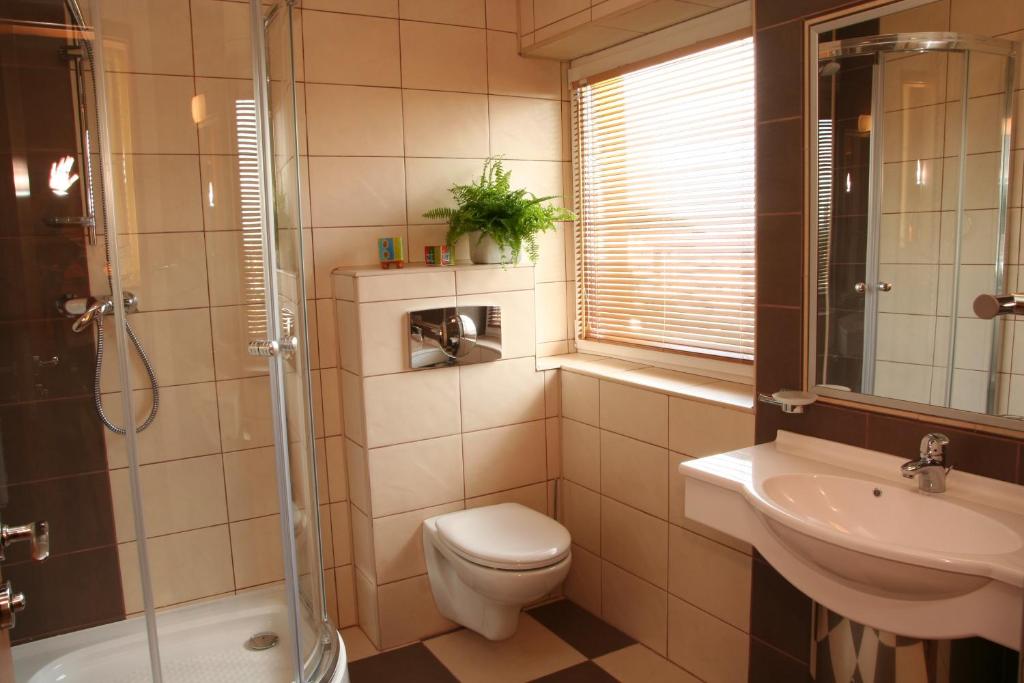 a bathroom with a toilet and a sink and a shower at Grand Hotel in Braşov