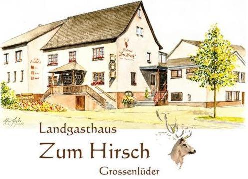 eine Zeichnung eines Hauses mit einem Hirsch davor in der Unterkunft Hotel- Restaurant Zum Hirsch in Großenlüder