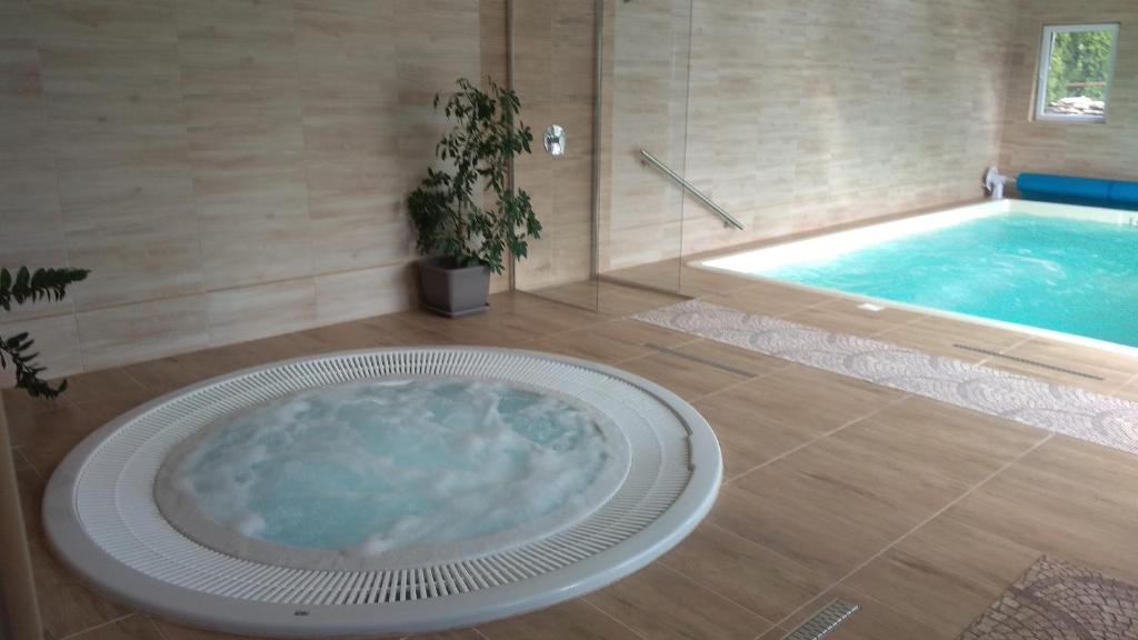 uma grande banheira na casa de banho com piscina em Nádas Pihenőpark em Tiszafüred